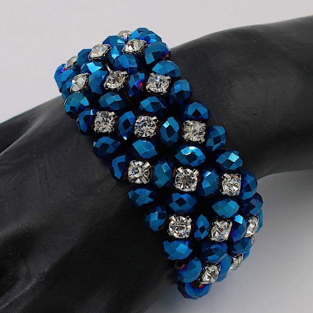 Antique Vintage Blue White Diamond Crystal Prong Beaded Bracelet